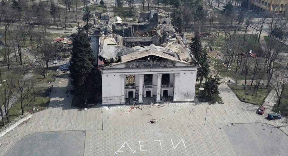 Drama theater in Mariupol, which was hit by an air bomb. The inscription next to 'Children'