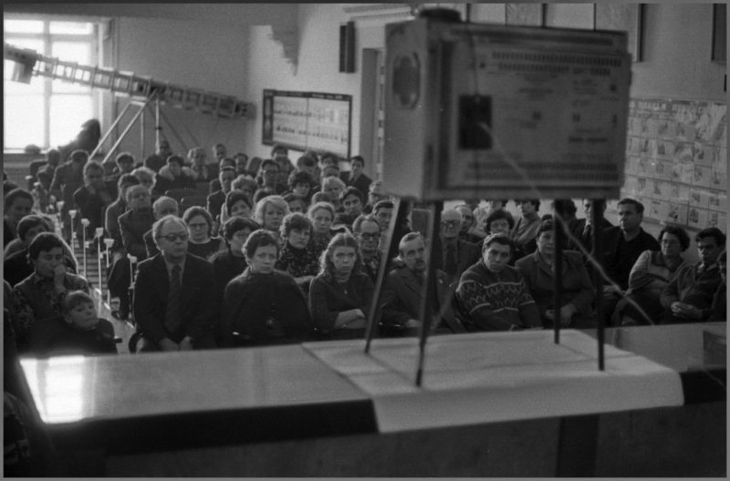The plant staff is watching on TV the funeral of General Secretary YuV Andropov Novokuznetsk 1984